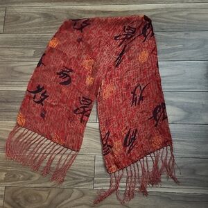 Elegant Oriental Patterned Red Scarf With Tassels